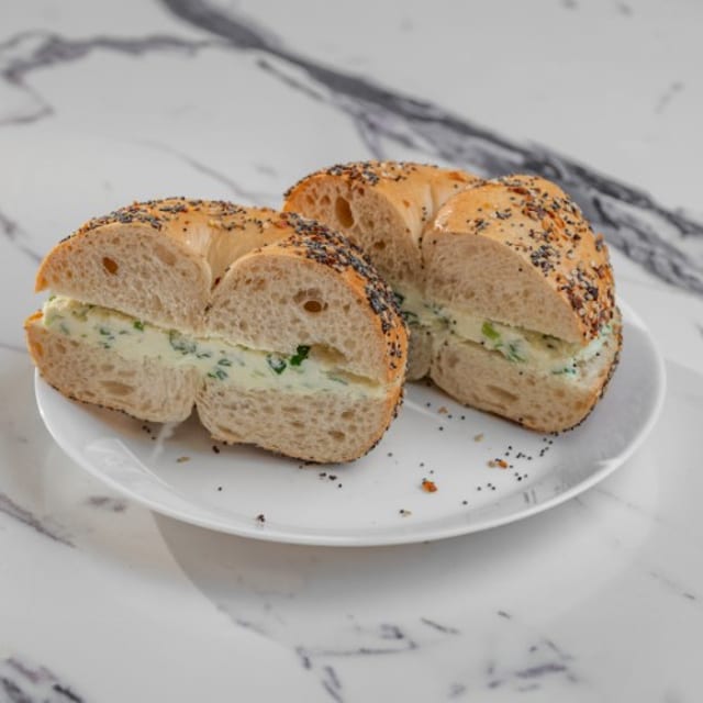 Chive Cream Cheese on a Bagel.